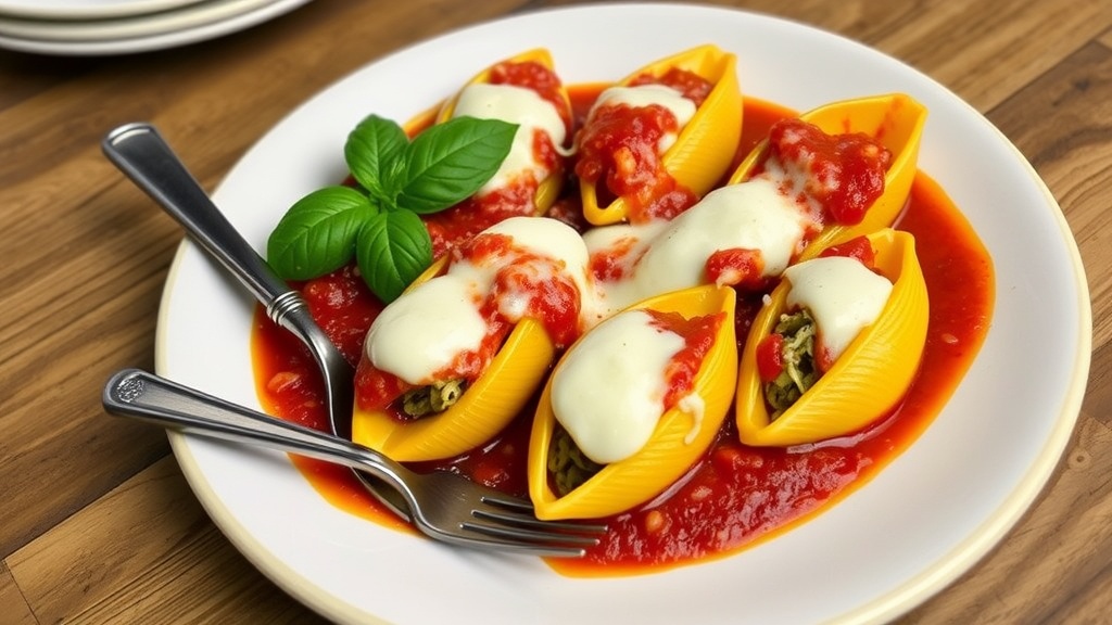 Savory Pumpkin Stuffed Shells Recipe Golden pumpkin stuffed shells in marinara sauce, topped with melted mozzarella and garnished with basil.